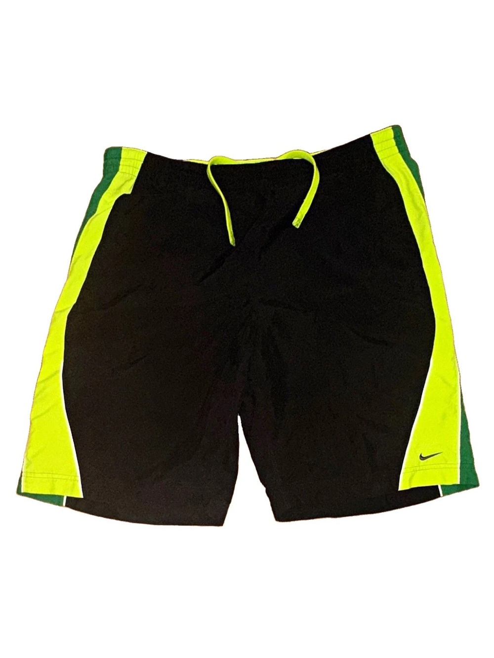 Nike Men's Black Swim Shorts with Neon Yellow and Green Accents